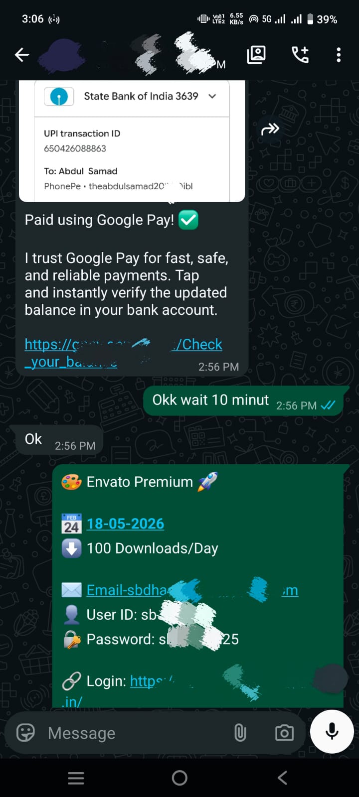 WhatsApp payment confirmation and chat success proof from client